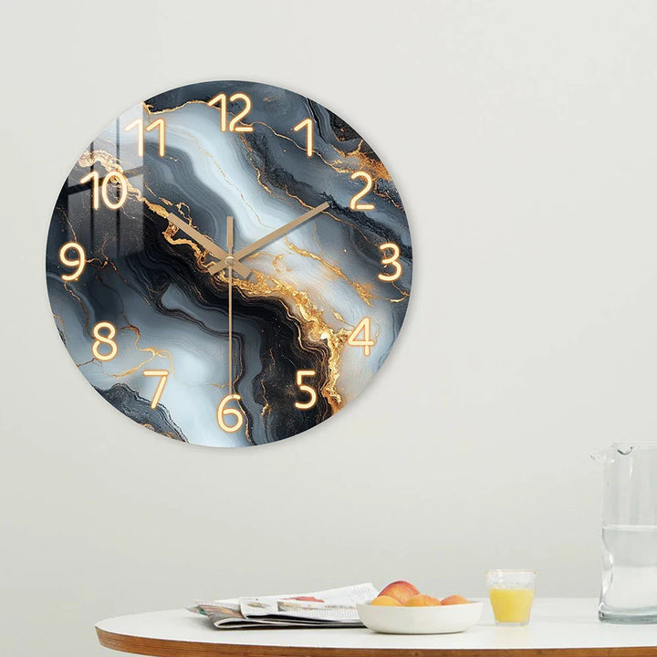 Elegant Blue & Gold Marble Wall Clock | Quiet Wooden Style