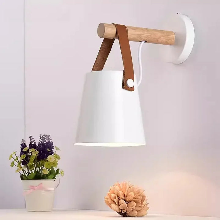 Wood and Leather Wall Lamp | Hanging Bedside Light Fixture