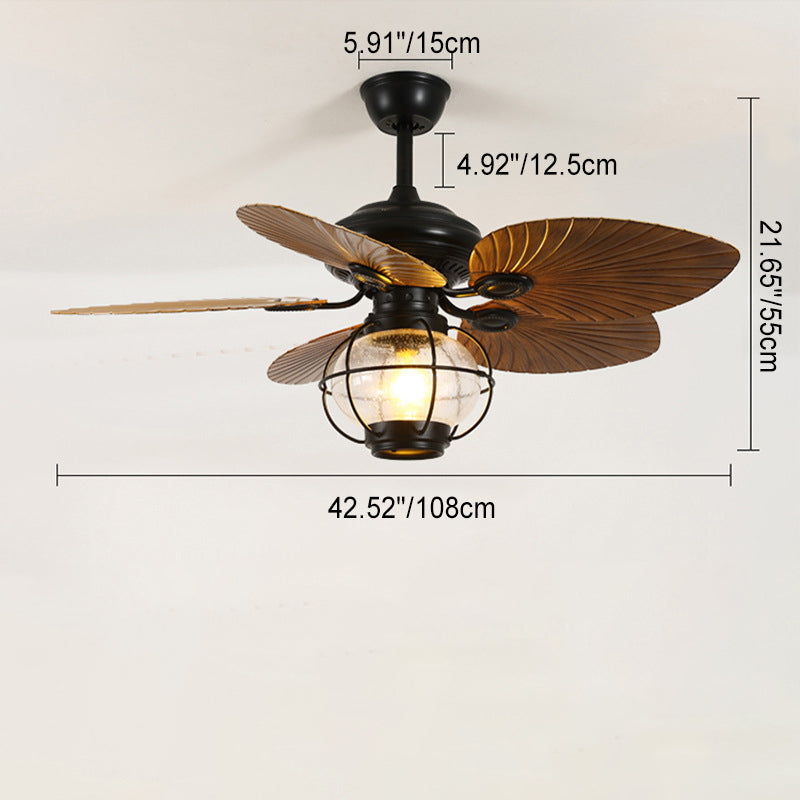 Traditional Rustic Lantern Banana Shaped Fan Leaf Iron Glass 1-Light Downrod Ceiling Fan Light