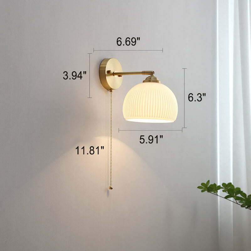 Nordic Style Milk White Striped Glass Brass 1-Light Pull Cord Wall Lamp