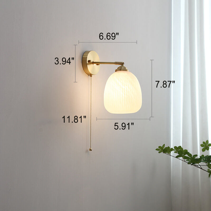 Nordic Style Milk White Striped Glass Brass 1-Light Pull Cord Wall Lamp
