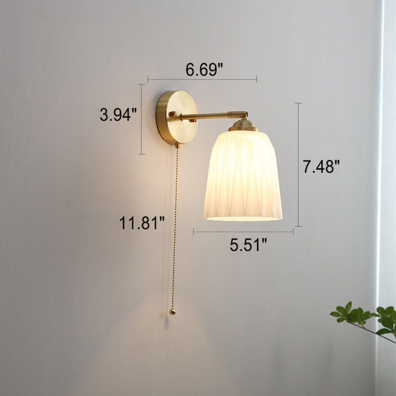 Nordic Style Milk White Striped Glass Brass 1-Light Pull Cord Wall Lamp