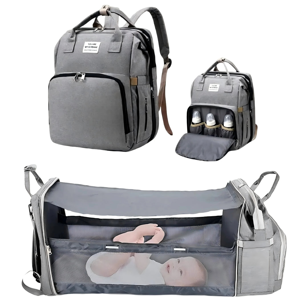 3-in-1 Waterproof Diaper Bag Backpack with Foldable Baby Bed & USB Charge