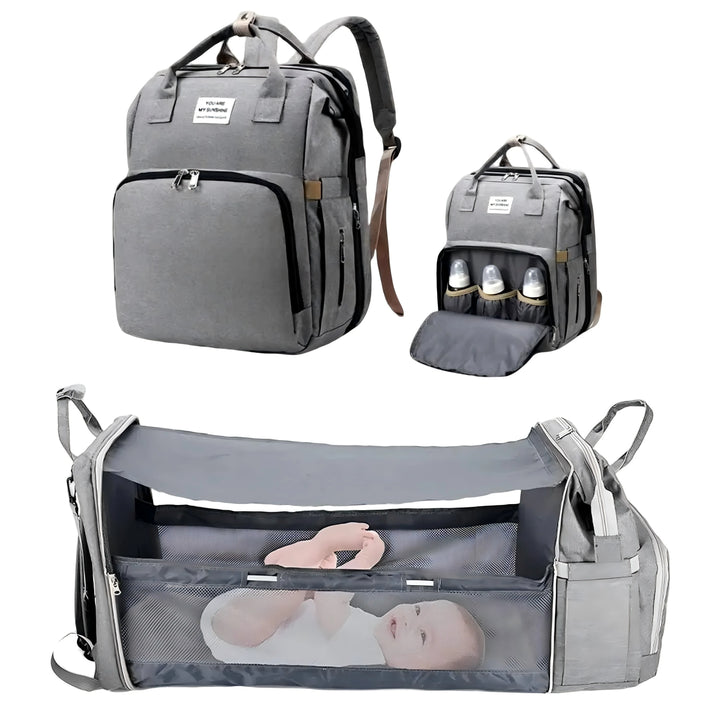 3-in-1 Waterproof Diaper Bag Backpack with Foldable Baby Bed & USB Charge
