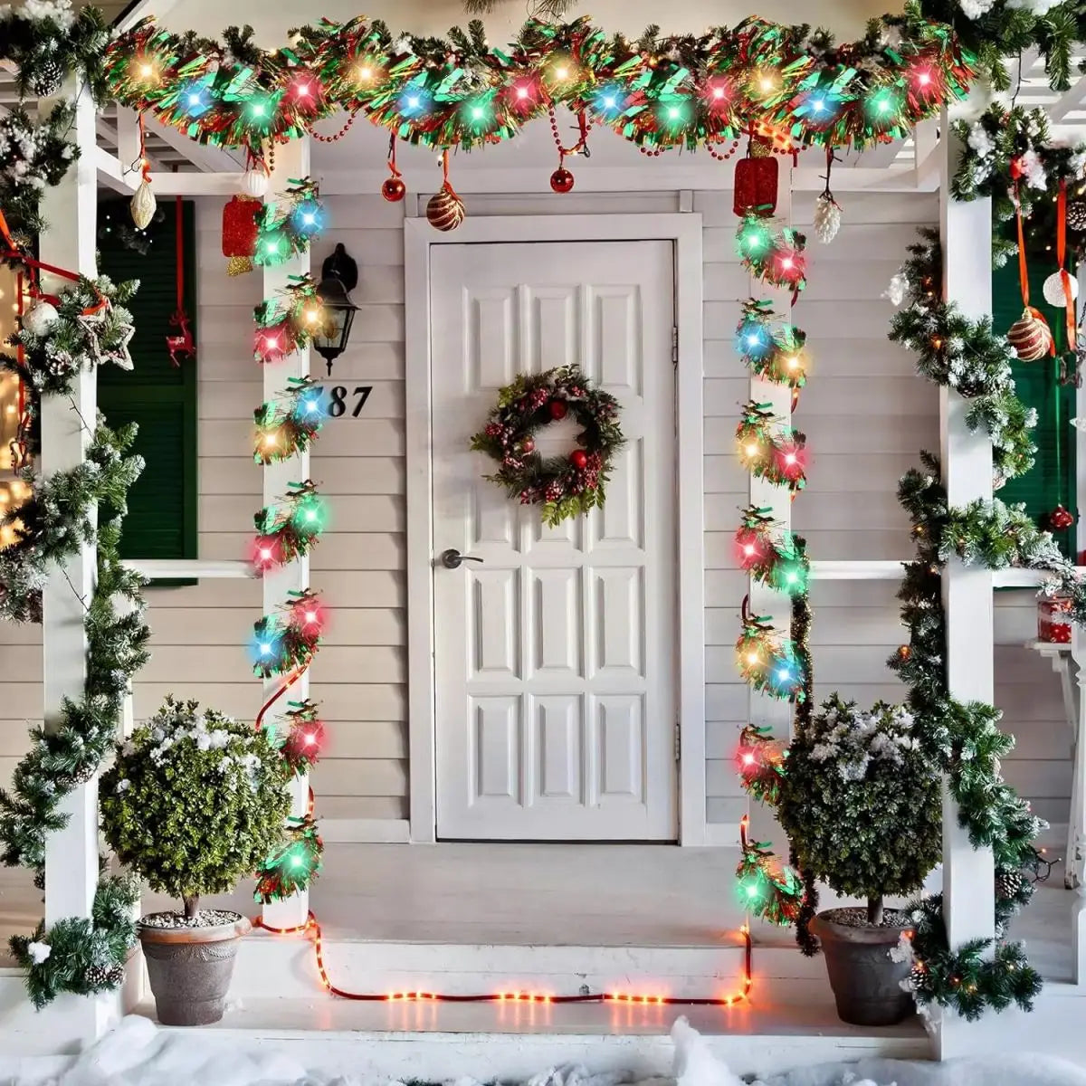 Christmas's Metallic Tinsel Garland with LED Lights for Home Decor
