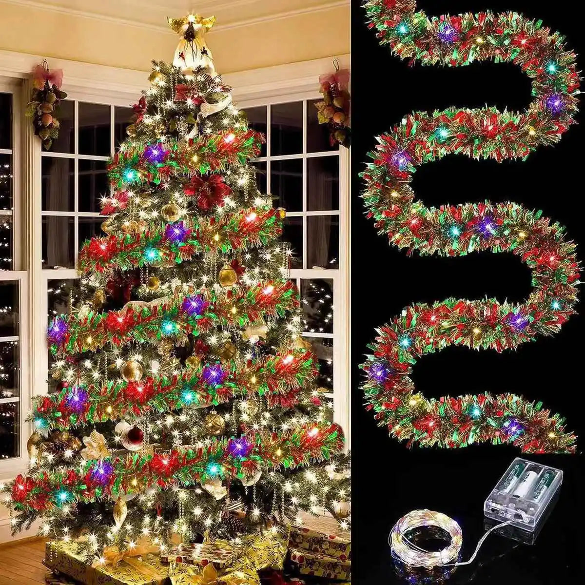 Christmas's Metallic Tinsel Garland with LED Lights for Home Decor