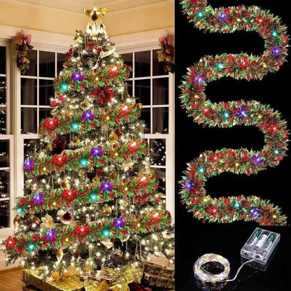 Christmas's Metallic Tinsel Garland with LED Lights for Home Decor