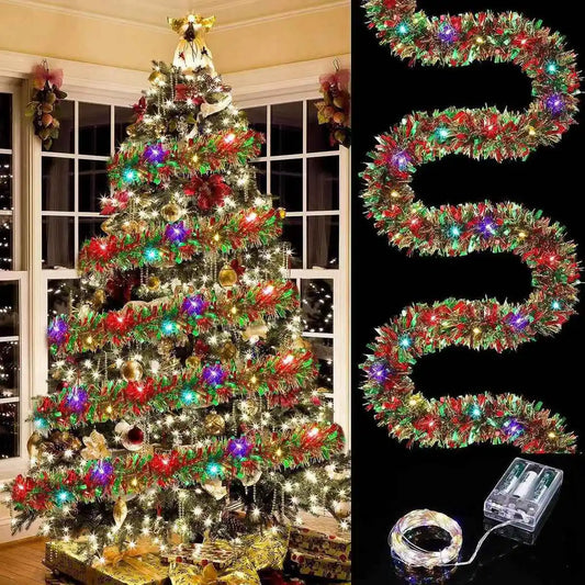 Christmas's Metallic Tinsel Garland with LED Lights for Home Decor