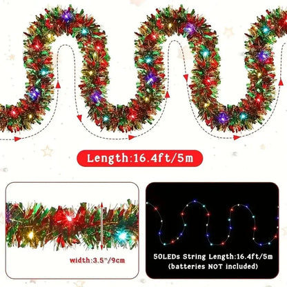 Christmas's Metallic Tinsel Garland with LED Lights for Home Decor