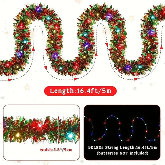 Christmas's Metallic Tinsel Garland with LED Lights for Home Decor