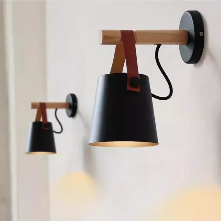 Wood and Leather Wall Lamp | Hanging Bedside Light Fixture