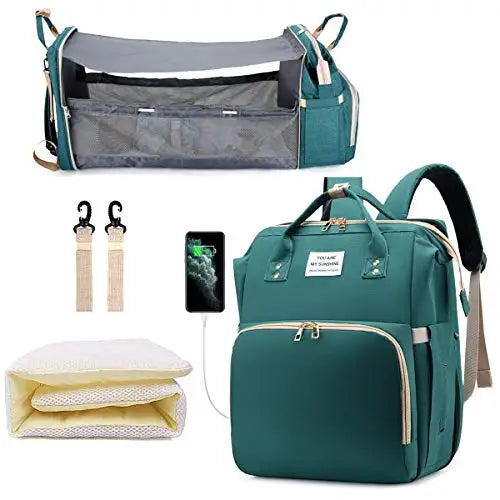 3-in-1 Waterproof Diaper Bag Backpack with Foldable Baby Bed & USB Charge