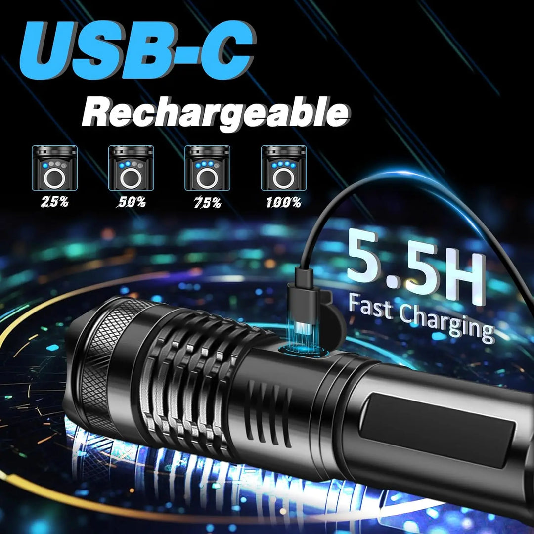 High-Power Rechargeable LED Tactical Flashlight with Zoom for Outdoors