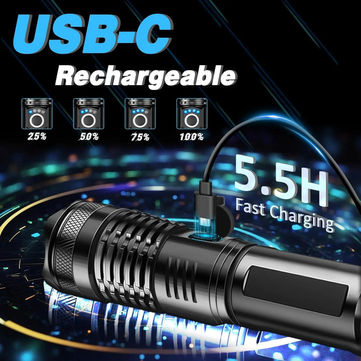 High-Power Rechargeable LED Tactical Flashlight with Zoom for Outdoors