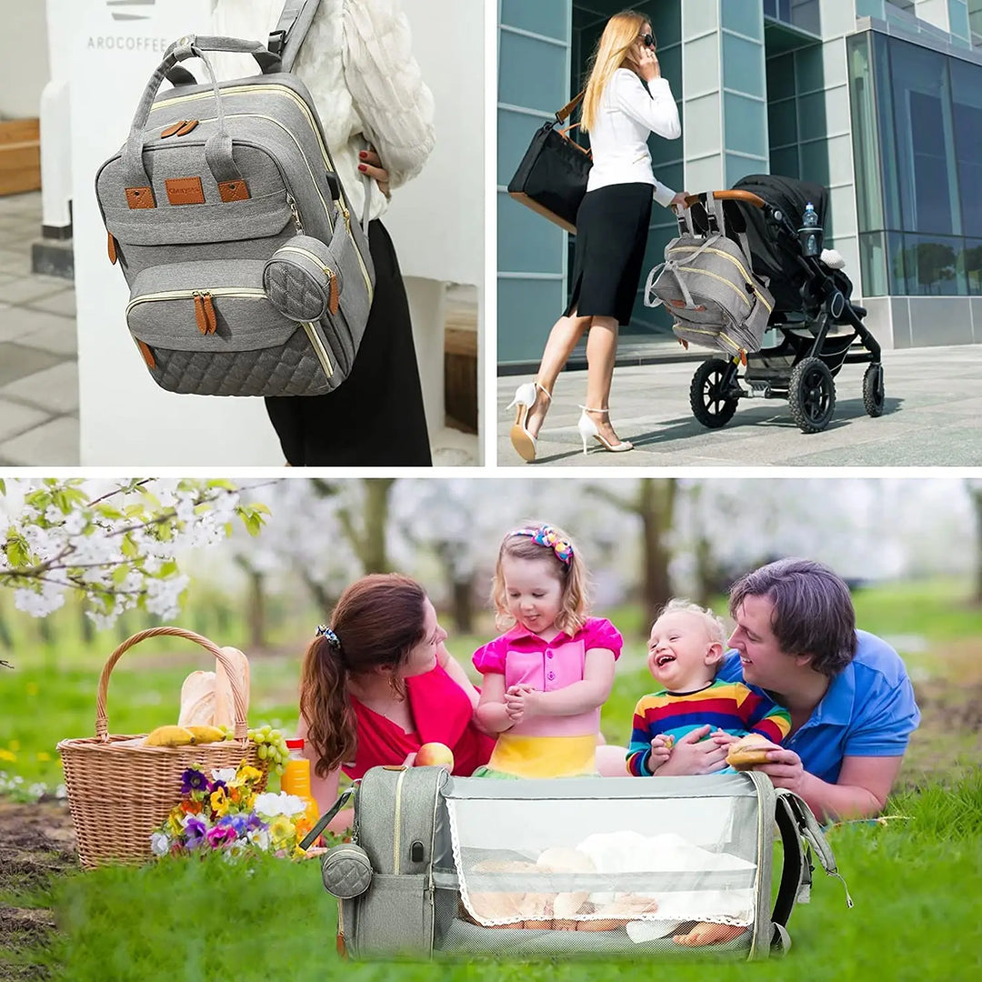 3-in-1 Waterproof Diaper Bag Backpack with Foldable Baby Bed & USB Charge