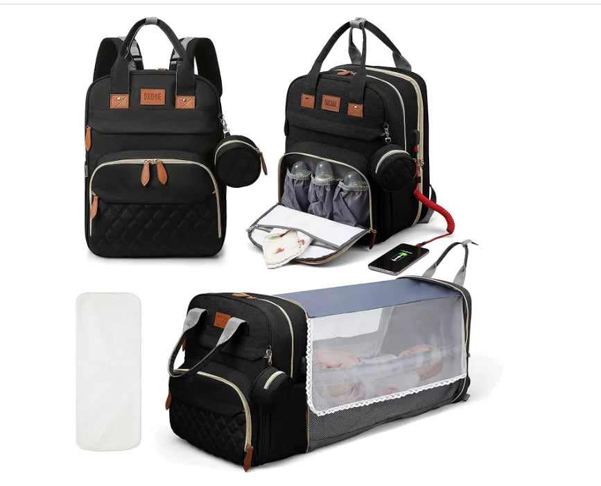 3-in-1 Waterproof Diaper Bag Backpack with Foldable Baby Bed & USB Charge