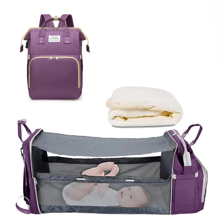 3-in-1 Waterproof Diaper Bag Backpack with Foldable Baby Bed & USB Charge