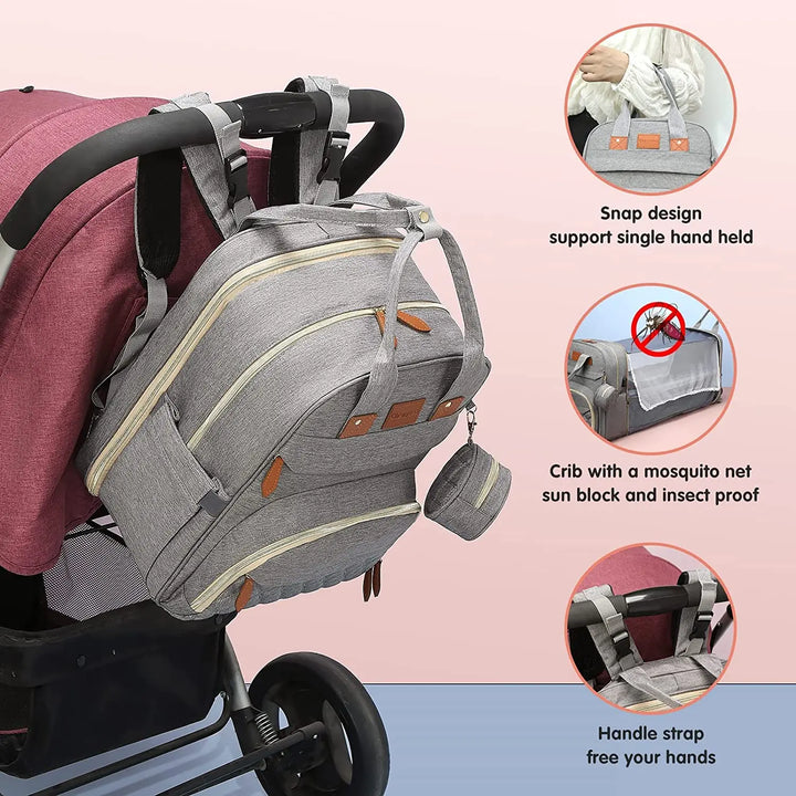 3-in-1 Waterproof Diaper Bag Backpack with Foldable Baby Bed & USB Charge