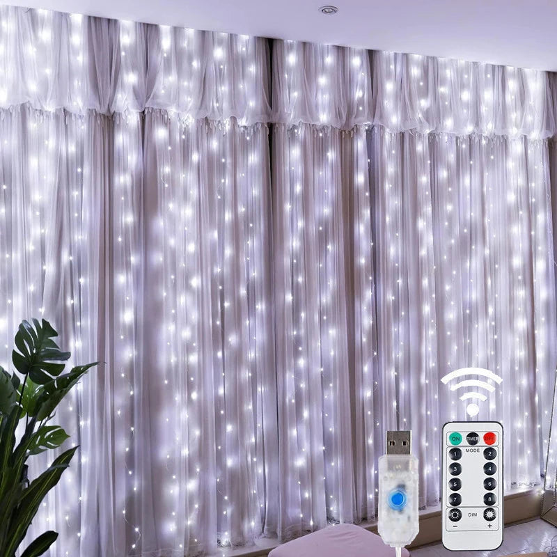 Christmas's LED Fairy String Curtain Lights with Remote - 8 Modes for