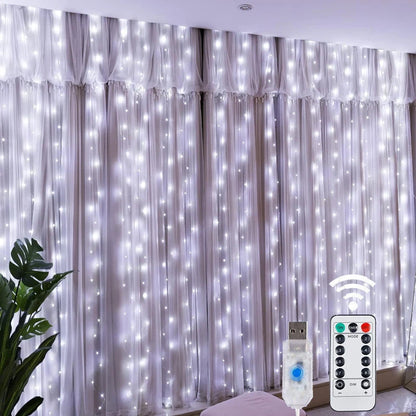 Christmas's LED Fairy String Curtain Lights with Remote - 8 Modes for