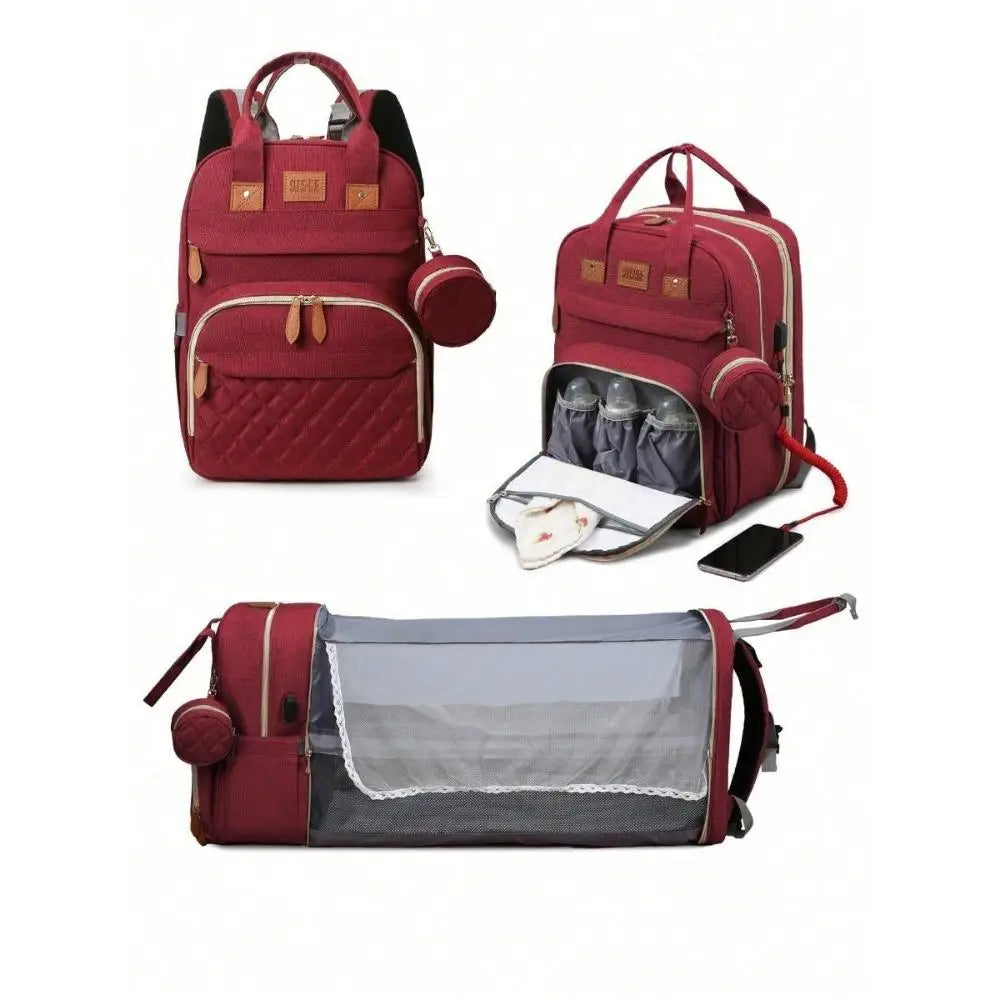 3-in-1 Waterproof Diaper Bag Backpack with Foldable Baby Bed & USB Charge
