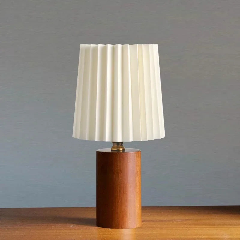 Medieval Style Pleated Table Lamp with Nordic Wood Base Design