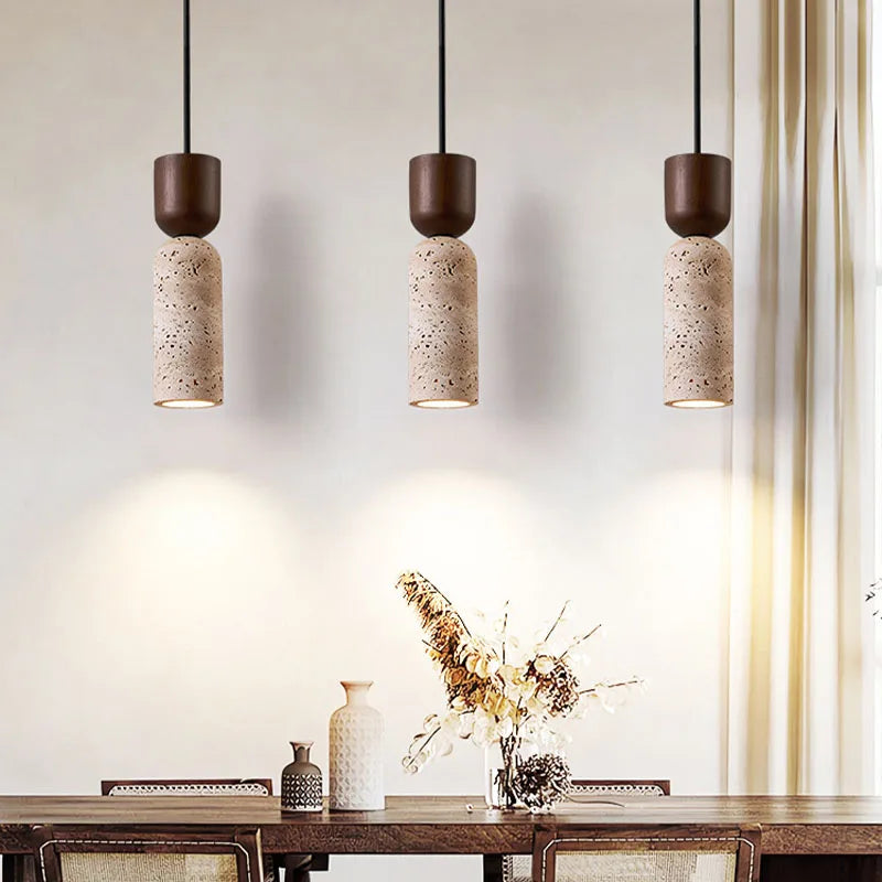 Minimalist Travertine & Wood Pendant Light | Japanese Style Bedside Lamp