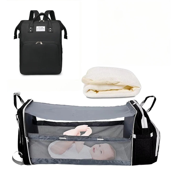 3-in-1 Waterproof Diaper Bag Backpack with Foldable Baby Bed & USB Charge