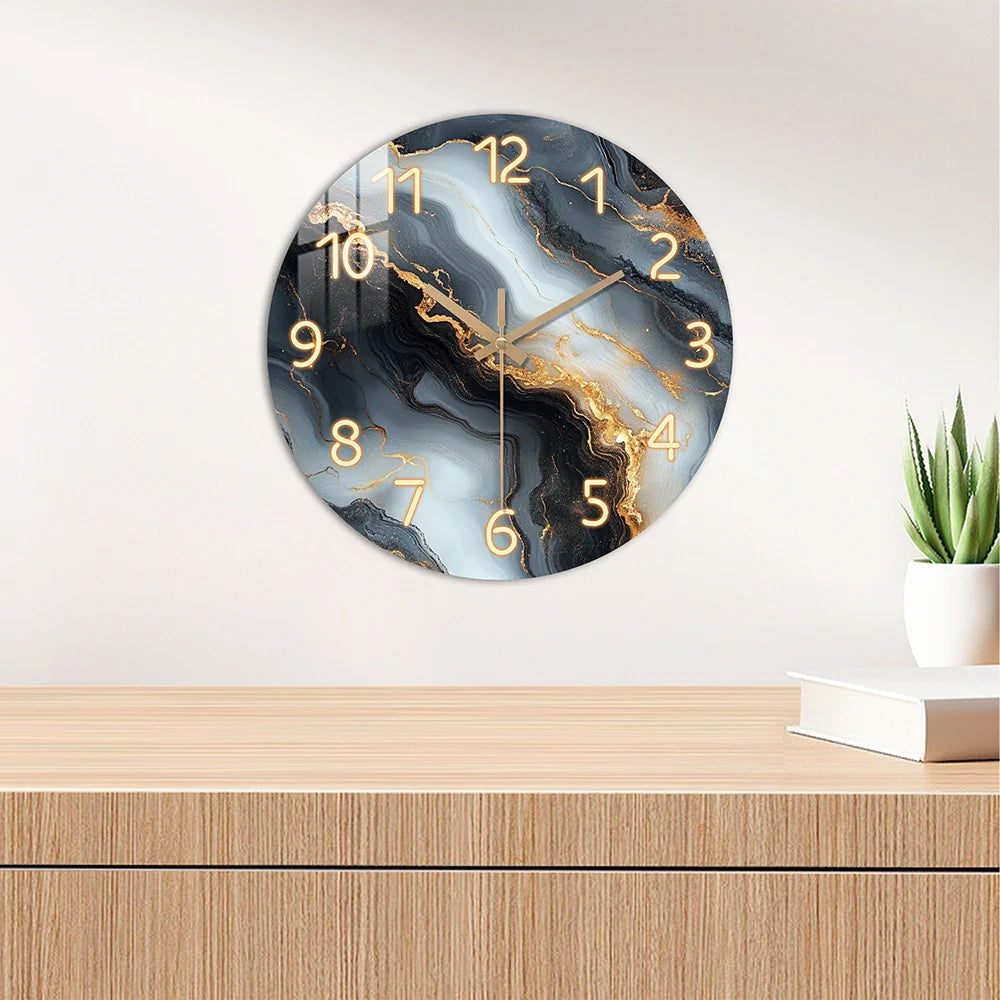 Elegant Blue & Gold Marble Wall Clock | Quiet Wooden Style