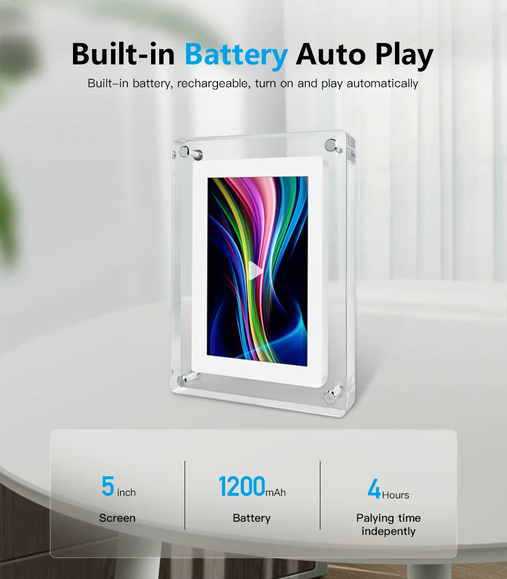 Portable Acrylic Digital Photo Frame with IPS Display and Battery