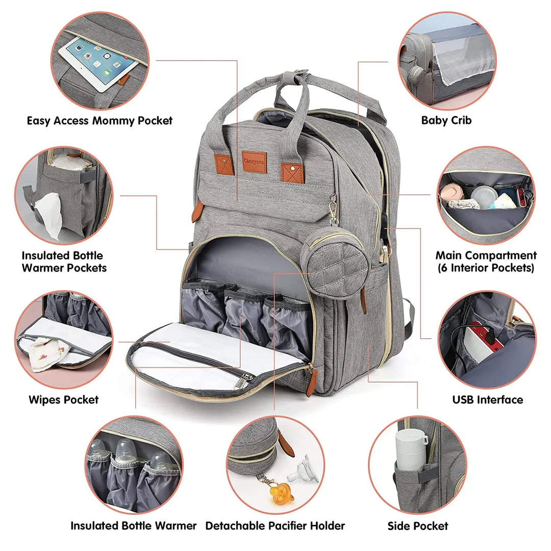 3-in-1 Waterproof Diaper Bag Backpack with Foldable Baby Bed & USB Charge