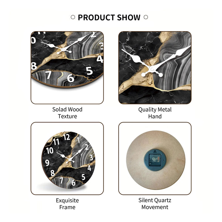 Modern Round Wooden Wall Clock | Silent Marble Design