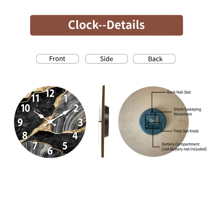Modern Round Wooden Wall Clock | Silent Marble Design