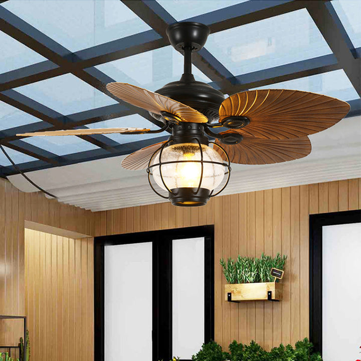 Traditional Rustic Lantern Banana Shaped Fan Leaf Iron Glass 1-Light Downrod Ceiling Fan Light-Orizon Depot
