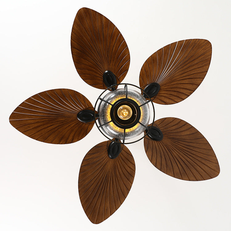 Traditional Rustic Lantern Banana Shaped Fan Leaf Iron Glass 1-Light Downrod Ceiling Fan Light-Orizon Depot