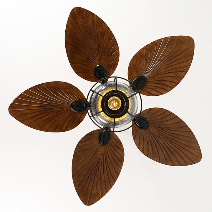Traditional Rustic Lantern Banana Shaped Fan Leaf Iron Glass 1-Light Downrod Ceiling Fan Light-Orizon Depot