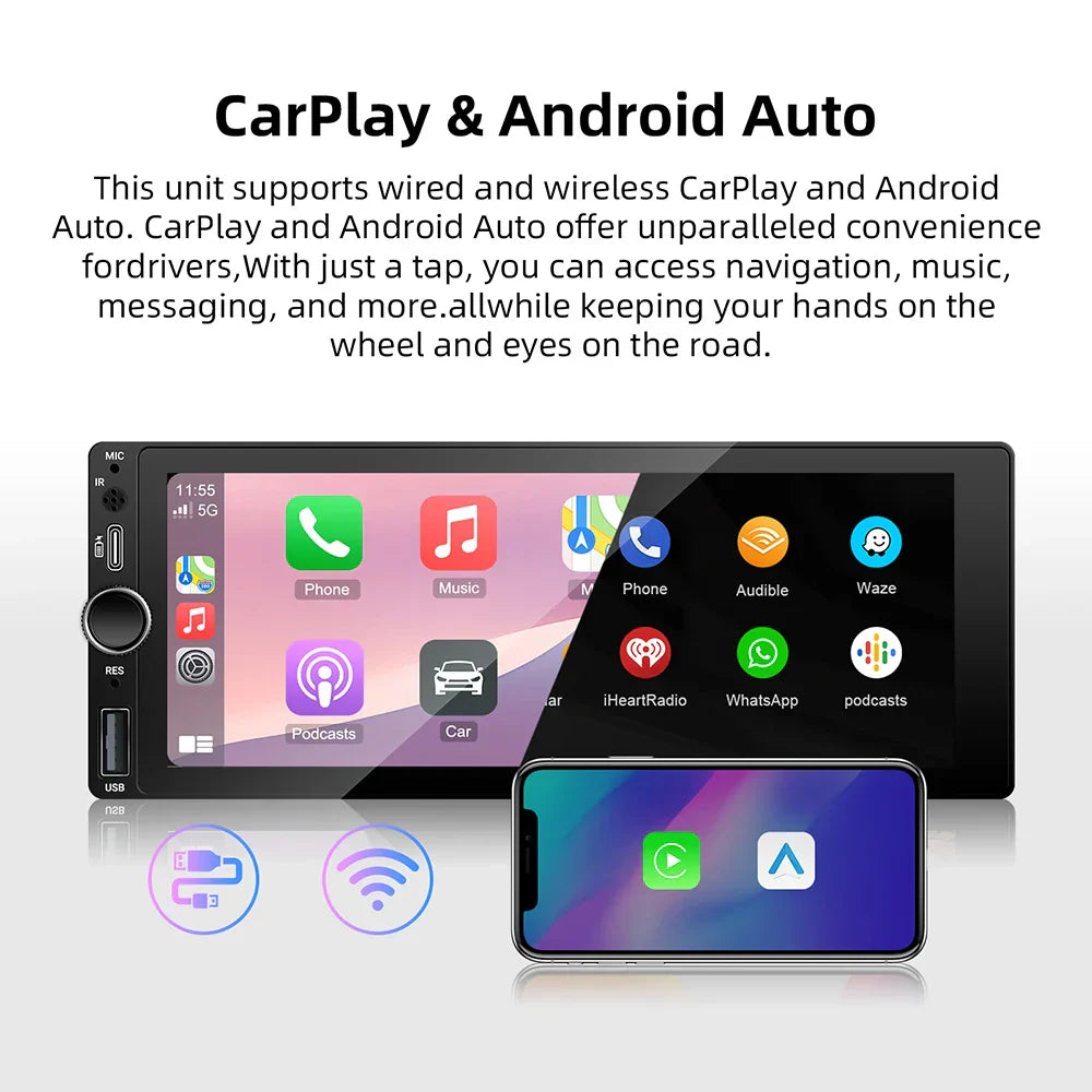 Universal 6.86 Inch Touchscreen Car Stereo with Wireless CarPlay-Orizon Depot