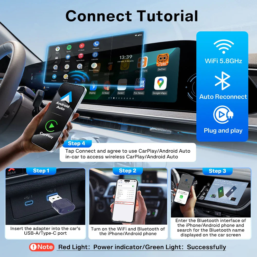 Wireless CarPlay Android Auto Adapter 2-In-1 Plug & Play-Orizon Depot