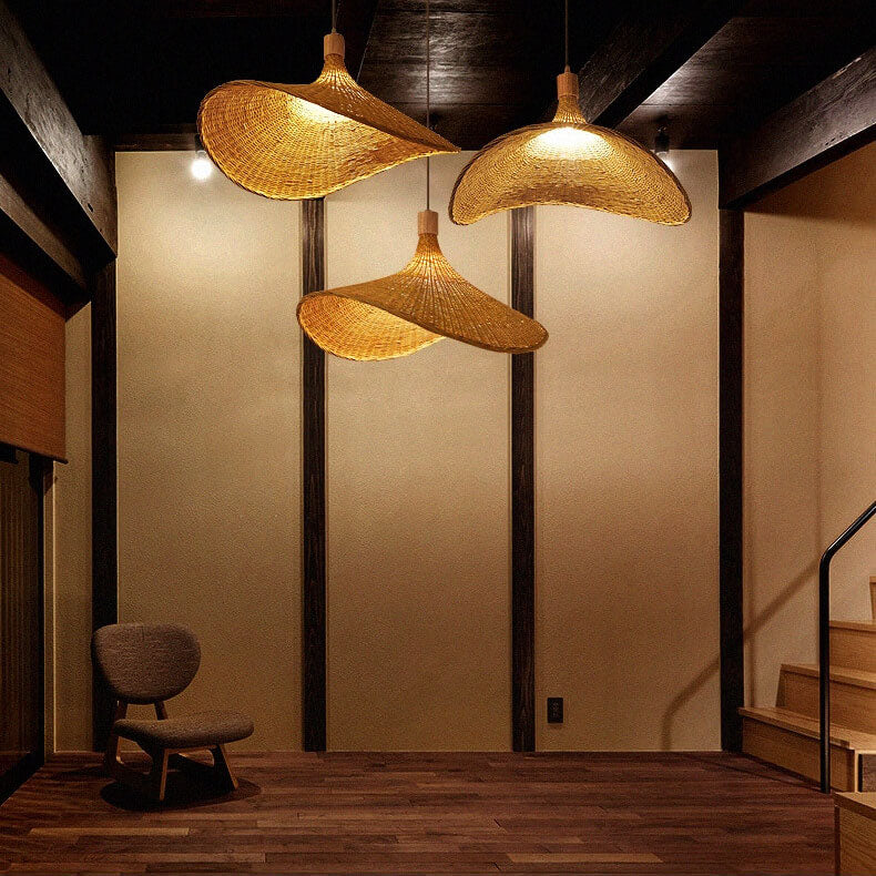 Woven Bamboo Straw Hat Pendant Light for Boho Interiors-Orizon Depot