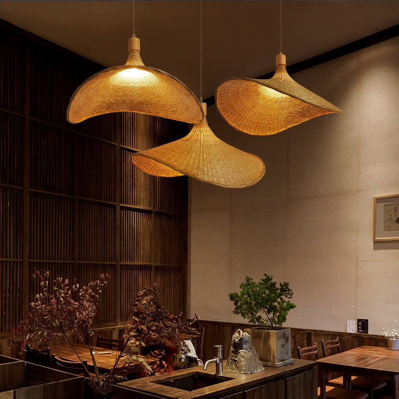 Woven Bamboo Straw Hat Pendant Light for Boho Interiors-Orizon Depot