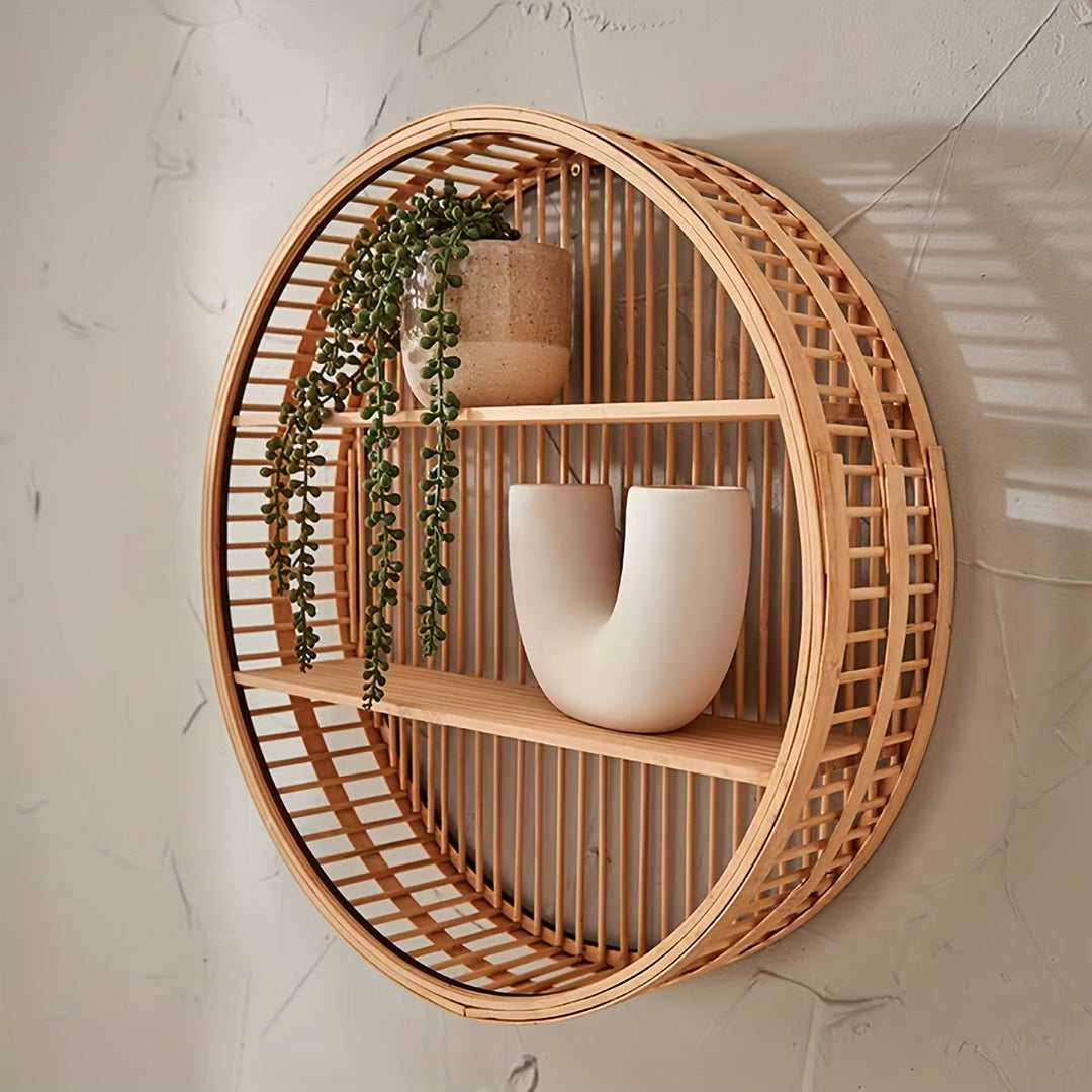 Handmade Round Bamboo Wall Shelf | Boho Floating Organizer