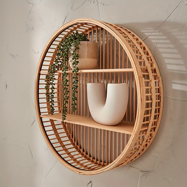 Handmade Round Bamboo Wall Shelf | Boho Floating Organizer