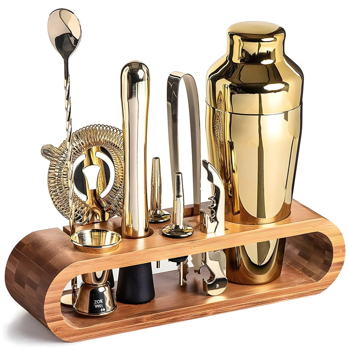 10-Piece Drinkware Set with Bamboo Stand and Bar Accessories