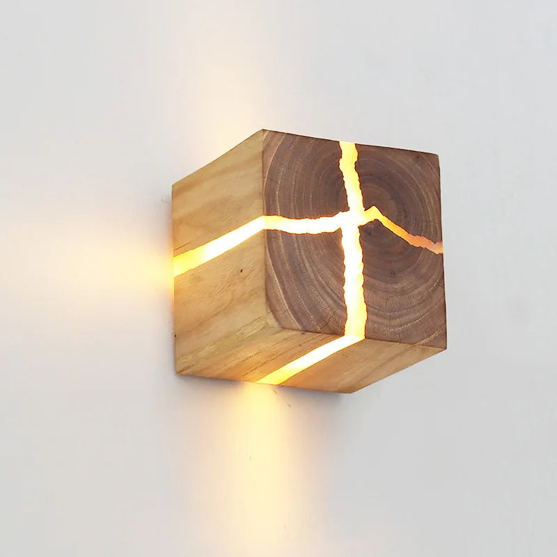 Hand-Carved Solid Wood Wall Light with Resin Design