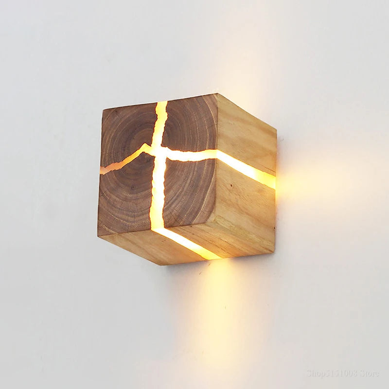Hand-Carved Solid Wood Wall Light with Resin Design