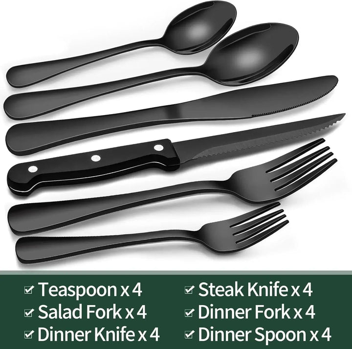 24-Piece Matte Black Cutlery Set with Steak Knives Included