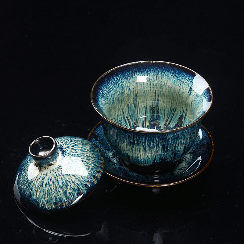 Vintage Kiln Ceramic Gaiwan Sancai Tea Cup and Saucer Set with Lid-Orizon Depot