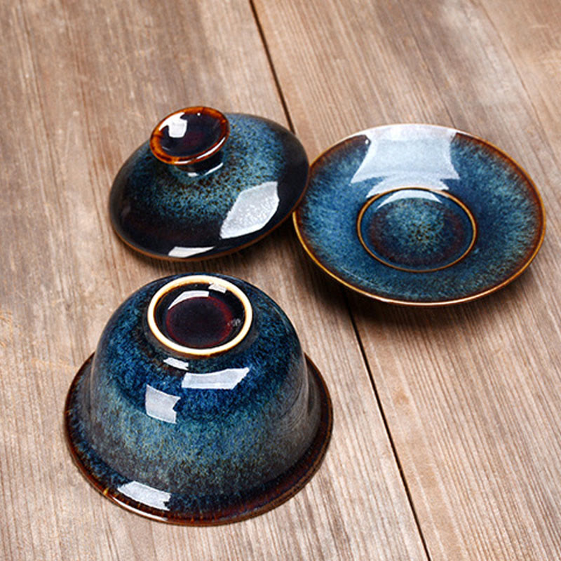 Vintage Kiln Ceramic Gaiwan Sancai Tea Cup and Saucer Set with Lid-Orizon Depot