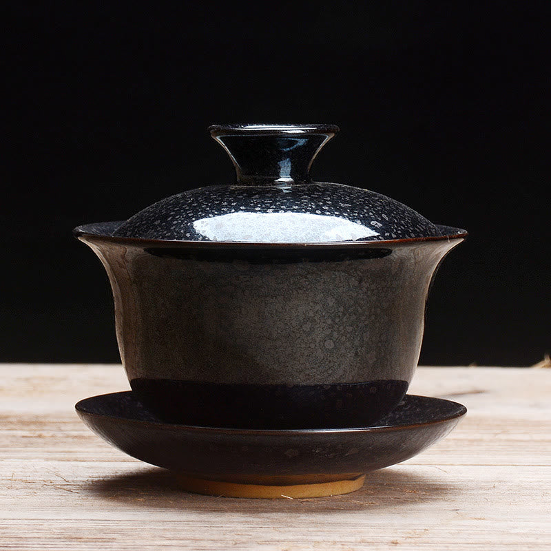 Vintage Kiln Ceramic Gaiwan Sancai Tea Cup and Saucer Set with Lid-Orizon Depot