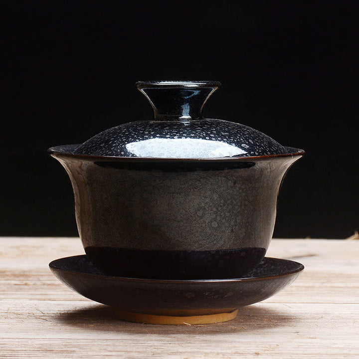 Vintage Kiln Ceramic Gaiwan Sancai Tea Cup and Saucer Set with Lid-Orizon Depot